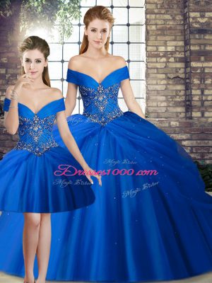 Amazing Off The Shoulder Sleeveless Brush Train Lace Up Quinceanera Dress Royal Blue Tulle