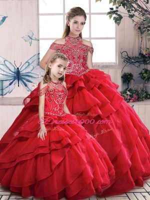 Elegant Organza High-neck Sleeveless Lace Up Beading and Ruffles 15th Birthday Dress in Red