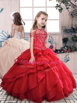 Elegant Organza High-neck Sleeveless Lace Up Beading and Ruffles 15th Birthday Dress in Red