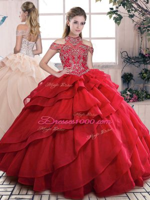 Elegant Organza High-neck Sleeveless Lace Up Beading and Ruffles 15th Birthday Dress in Red