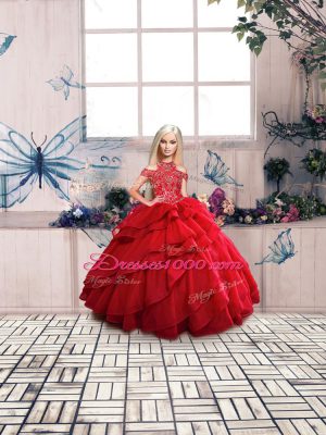 Elegant Organza High-neck Sleeveless Lace Up Beading and Ruffles 15th Birthday Dress in Red