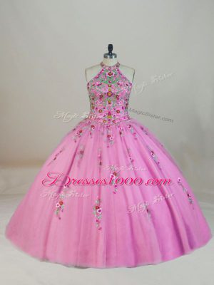 Simple Ball Gowns Sleeveless Rose Pink 15th Birthday Dress Brush Train Lace Up