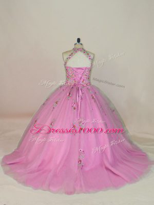 Simple Ball Gowns Sleeveless Rose Pink 15th Birthday Dress Brush Train Lace Up