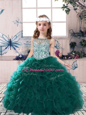 Beading and Ruffles Kids Formal Wear Peacock Green Lace Up Sleeveless Floor Length