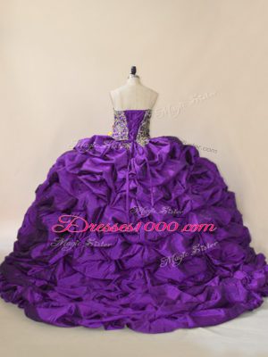 Sleeveless Beading and Pick Ups Lace Up Quinceanera Gown with Purple Brush Train