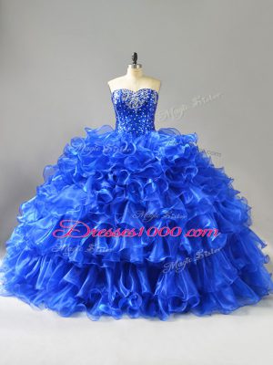 Fabulous Royal Blue Ball Gowns Organza Sweetheart Sleeveless Beading and Ruffles Lace Up Sweet 16 Dress