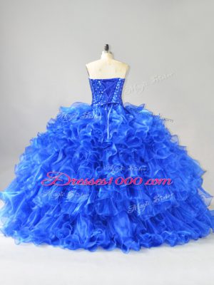 Fabulous Royal Blue Ball Gowns Organza Sweetheart Sleeveless Beading and Ruffles Lace Up Sweet 16 Dress