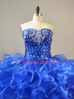 Fabulous Royal Blue Ball Gowns Organza Sweetheart Sleeveless Beading and Ruffles Lace Up Sweet 16 Dress