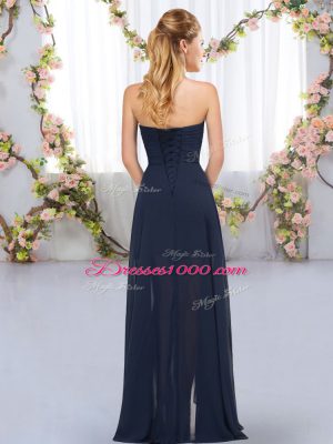 Clearance Navy Blue Chiffon Lace Up Sweetheart Sleeveless Floor Length Quinceanera Court Dresses Beading and Ruffles