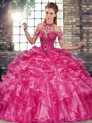 Fuchsia Sleeveless Beading and Ruffles Floor Length Quinceanera Gowns