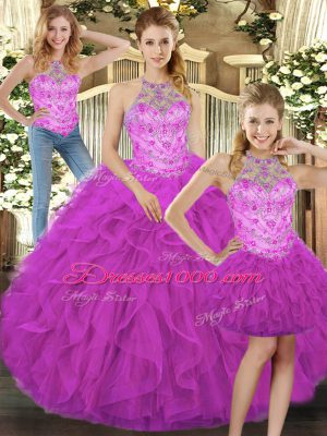 Classical Fuchsia Sleeveless Tulle Lace Up Quinceanera Dress for Military Ball and Sweet 16 and Quinceanera