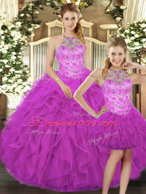 Classical Fuchsia Sleeveless Tulle Lace Up Quinceanera Dress for Military Ball and Sweet 16 and Quinceanera