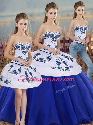 Floor Length Royal Blue Quince Ball Gowns Tulle Sleeveless Embroidery and Bowknot