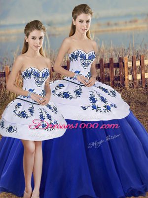 Floor Length Royal Blue Quince Ball Gowns Tulle Sleeveless Embroidery and Bowknot