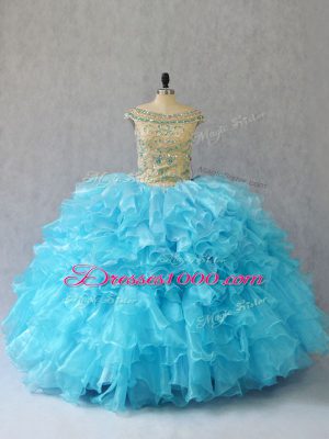 Off The Shoulder Sleeveless Lace Up Ball Gown Prom Dress Baby Blue Organza