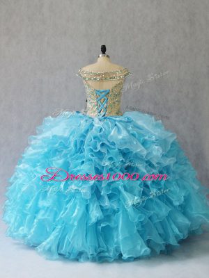 Off The Shoulder Sleeveless Lace Up Ball Gown Prom Dress Baby Blue Organza