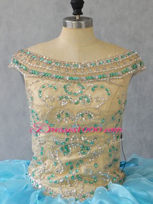 Off The Shoulder Sleeveless Lace Up Ball Gown Prom Dress Baby Blue Organza