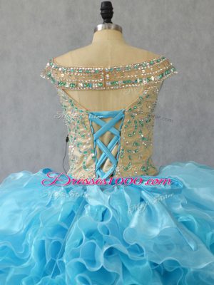 Off The Shoulder Sleeveless Lace Up Ball Gown Prom Dress Baby Blue Organza