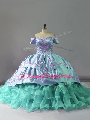 Stylish Blue Sleeveless Embroidery and Ruffles Lace Up 15 Quinceanera Dress