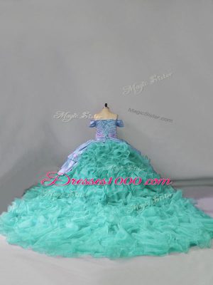 Stylish Blue Sleeveless Embroidery and Ruffles Lace Up 15 Quinceanera Dress