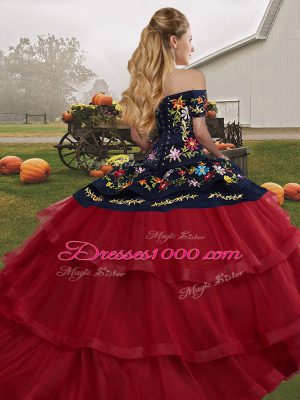 Sleeveless Tulle Brush Train Lace Up Vestidos de Quinceanera in Wine Red with Embroidery and Ruffled Layers