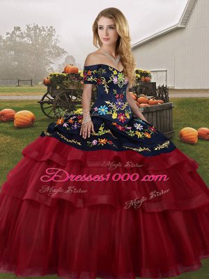 Sleeveless Tulle Brush Train Lace Up Vestidos de Quinceanera in Wine Red with Embroidery and Ruffled Layers
