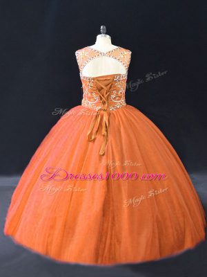 Orange Tulle Lace Up Quinceanera Gown Sleeveless Floor Length Beading