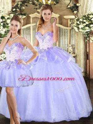 Lavender Ball Gowns Beading Quinceanera Gown Lace Up Organza Sleeveless Floor Length