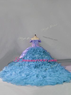 Blue Ball Gowns Off The Shoulder Sleeveless Organza Chapel Train Lace Up Ruffles Sweet 16 Quinceanera Dress