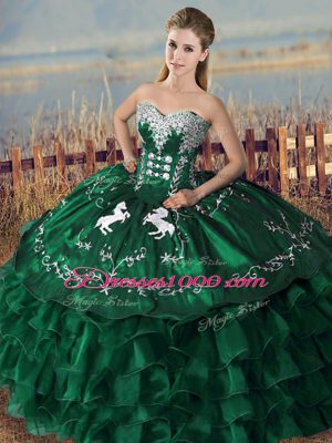 Smart Green Organza Lace Up Sweetheart Sleeveless Floor Length 15 Quinceanera Dress Embroidery and Ruffles