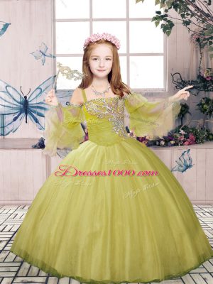 Olive Green Ball Gowns Tulle Straps Sleeveless Beading Floor Length Lace Up Kids Pageant Dress