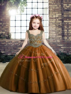 Brown Lace Up Little Girls Pageant Gowns Beading Sleeveless Floor Length
