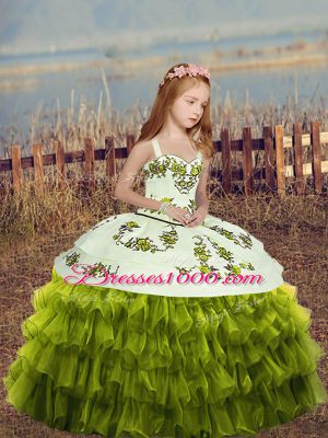 Green Straps Lace Up Embroidery and Ruffled Layers High School Pageant Dress Sleeveless
