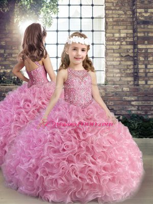 Sleeveless Floor Length Beading Lace Up Little Girls Pageant Gowns with Pink