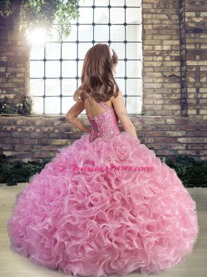 Sleeveless Floor Length Beading Lace Up Little Girls Pageant Gowns with Pink