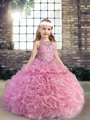 Sleeveless Floor Length Beading Lace Up Little Girls Pageant Gowns with Pink