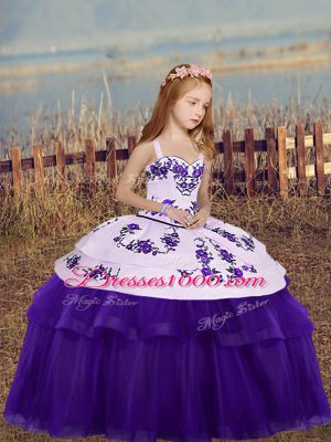 High Class Eggplant Purple Side Zipper Straps Embroidery Pageant Gowns For Girls Tulle Sleeveless