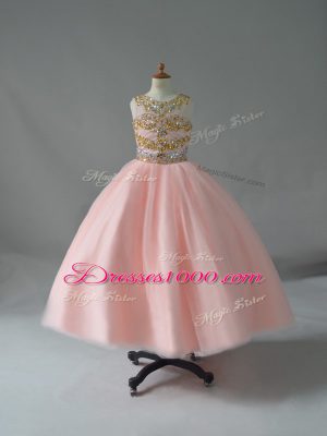 On Sale Pink Ball Gowns Beading Kids Formal Wear Backless Tulle Sleeveless Floor Length
