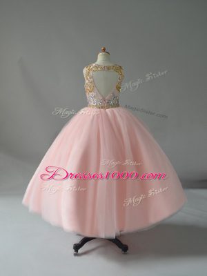 On Sale Pink Ball Gowns Beading Kids Formal Wear Backless Tulle Sleeveless Floor Length