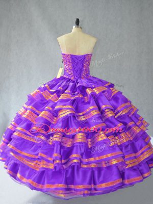 Suitable Purple Ball Gowns Sweetheart Sleeveless Organza Floor Length Lace Up Embroidery and Ruffled Layers 15 Quinceanera Dress