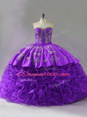 Custom Fit Purple Fabric With Rolling Flowers Lace Up Quinceanera Gowns Sleeveless Brush Train Embroidery and Ruffles