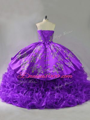 Custom Fit Purple Fabric With Rolling Flowers Lace Up Quinceanera Gowns Sleeveless Brush Train Embroidery and Ruffles