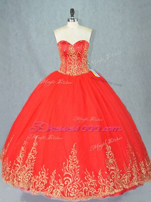 Fabulous Red Ball Gowns Tulle Sweetheart Sleeveless Beading Floor Length Lace Up Quinceanera Gowns