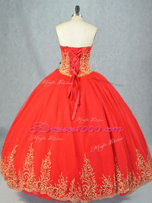 Fabulous Red Ball Gowns Tulle Sweetheart Sleeveless Beading Floor Length Lace Up Quinceanera Gowns