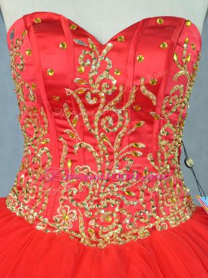Fabulous Red Ball Gowns Tulle Sweetheart Sleeveless Beading Floor Length Lace Up Quinceanera Gowns