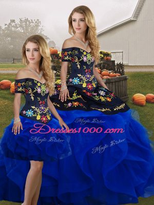 Custom Designed Sleeveless Floor Length Embroidery and Ruffles Lace Up Quinceanera Dress with Royal Blue