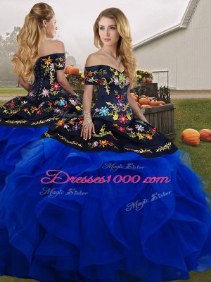 Custom Designed Sleeveless Floor Length Embroidery and Ruffles Lace Up Quinceanera Dress with Royal Blue