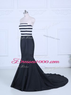 Clearance Brush Train Mermaid Juniors Evening Dress White And Black Strapless Satin Sleeveless Lace Up