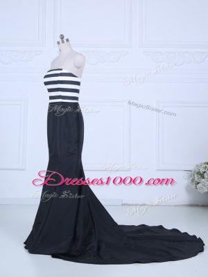 Clearance Brush Train Mermaid Juniors Evening Dress White And Black Strapless Satin Sleeveless Lace Up