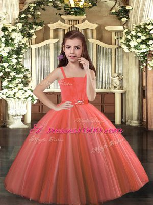 Sleeveless Tulle Floor Length Lace Up Little Girls Pageant Dress in Rust Red with Beading